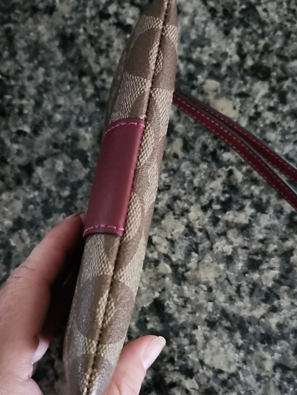 Coach Corner Zip Wristlet In Khaki Signature Coated Canvas With Red Accent